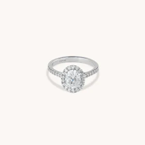 ALFYO MyO Anello Solitario Oro Bianco con Diamante Taglio Ovale Con Contorno